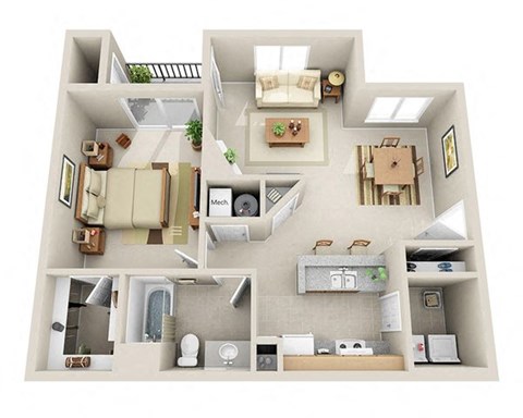 Independent One Bedroom Apartment Floor Plan 3D Image